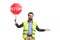 Bearded man with a safety vest holding traffic stop sign and showing a way