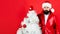 Bearded man in Santa hat with decorated New Year tree. Christmas toys. Sale and discount. Copy space.