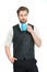 Bearded man, serious gentleman drink tea or coffee from cup