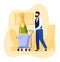 Bearded man shopping, pushing a cart filled with groceries and a giant champagne bottle. Celebratory grocery shopping