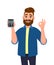 Bearded man showing or holding digital calculator device in hand and gesturing, making okay or OK sign. Good, positive, modern.