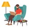 Bearded man sitting on armchair in room near coffee table and correspondence surfing the Internet