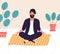 Bearded man sitting with his legs crossed on floor and meditating. Young man in yoga posture doing meditation