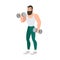 Bearded man in sports clothing doing physical exercise with pair of dumbbells. Male cartoon character performing weight