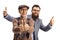 Bearded man standing behind an older man and gesturing thumbs up