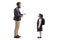 Bearded man standing and talking to a little schoolgirl