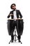 Bearded man in a suit playing conga drums