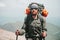 Bearded Man traveler hiking in mountains