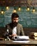 Bearded man type on vintage typewriter. Man with beard typewrite research paper. Businessman in suit work at desk