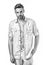 Bearded man in unbuttoned shirt isolated on white background. Too for shirt. Handsome and sensual. Casual in style