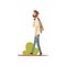 Bearded Man Walking in Park, Guy Relaxing and Enjoying Nature Outdoors Vector Illustration