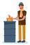 Bearded man warming his hands by fire. homeless man standing near burning garbage in barrel homeless jobless concept