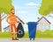 Bearded Man Waste Collector or Garbageman in Orange Uniform Collecting Municipal Solid Waste and Recyclables in Dustbin