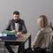 Bearded man and woman have business meeting. Businessman and businesswoman sit at office desk. Concentration at work