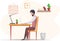 Bearded man, working person sitting at table in room and correspondence surfing Internet