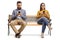 Bearded man and a young woman sitting on a bench and using mobile phones