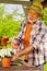 Bearded retired man watering flowers in pots standing outside