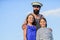 Bearded sailor with kids. father back home. family day. dad and daughters outdoor. ship captain welcome on board. small