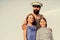 Bearded sailor with kids. father back home. family day. dad and daughters outdoor. ship captain welcome on board. small