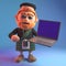 Bearded Scottish man in tartan kilt and sporran holding a laptop computer, 3d illustration