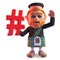 Bearded Scottish man in traditional kilt waves and holds a hashtag internet symbol, 3d illustration