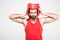 bearded sportsman in red retro helmet,