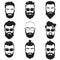 Bearded stylish hipster men faces with different haircuts style, mustaches, beards, black sunglasses avatar, emblem