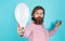 Bearded thinking man hold bulb. Energy saving. innovative idea and innovation. modern thinking. Solution to problem. new