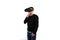 Bearded Thoughtful and confused young nice and modern with vr glasses that enjoy virtual reality