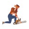 Bearded Woodman or Lumberman in Checkered Shirt and Sling Pants Wearing Earmuffs with Chain Saw Vector Illustration