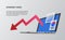 Bearish down economy with red arrow and device open laptop 3D perspective isometric. infographic data visualization