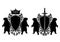 Bears guarding heraldic shield with royal crown and sword among rose flowers black and white vector outline