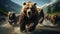 Bears in wild nature, running on camera. Action wildlife scene with dangerous animal. Grizzly running along the rocky