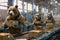 Bears work on a conveyor belt within an industrial factory setting.