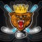 Beast bear from the front view with crown and crossed hockey stick. Logo for any sport team grizzly