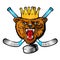 Beast bear from the front view with crown and crossed hockey stick. Logo for any sport team grizzly isolated on white