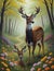 Beatiful deers with colorful flowers in a stunning forest, oil painting, animal, wallart, 8k, wallpaper