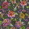 Beatiful lantana flowers with green leaves on grey background. Seamless floral pattern. Watercolor painting.