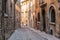 Beatiful Old Medieval European narrow empty street of a medieval town on the morning taken in Bergamo, Citta Alta, Italy