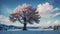 Beatiful sky, giant tree in center, landscape, Human near a tree