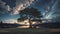 Beatiful sky, giant tree in center, landscape, Human near a tree