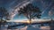 Beatiful sky, giant tree in center, landscape, Human near a tree