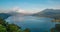 Beatiful view over the lake. Lake and mountain view from a hill, Buyan Lake, Bali. Timelapse. top down