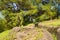 The Beatrice fortified position and its trenches on a green mountain, Asia, Vietnam, Tonkin, Dien Bien Phu, in summer, on a sunny