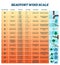 Beaufort wind scale vector illustration. Labeled air energy strength scheme