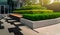 Beauiful outdoors gardening decoration with bench of an modern office building, outdoor gardening image for corporate buildings