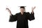 Beauitiful Caucasian woman in a black graduation gown with diploma