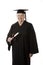 Beauitiful Caucasian woman in a black graduation gown with diploma