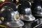 Beaulieu, Hampshire, UK - May 29 2017: Vintage fireman`s helmets