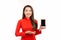 Beautfiul woman wearing red Ao Dai and showing her phone. Isolated over white background